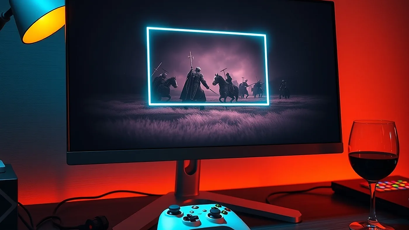 Night gaming desk with a monitor showing a dark fantasy cavalry battle in a single game window traced by a glowing cyan outline, a white controller and a glass of red wine in warm lamp light.