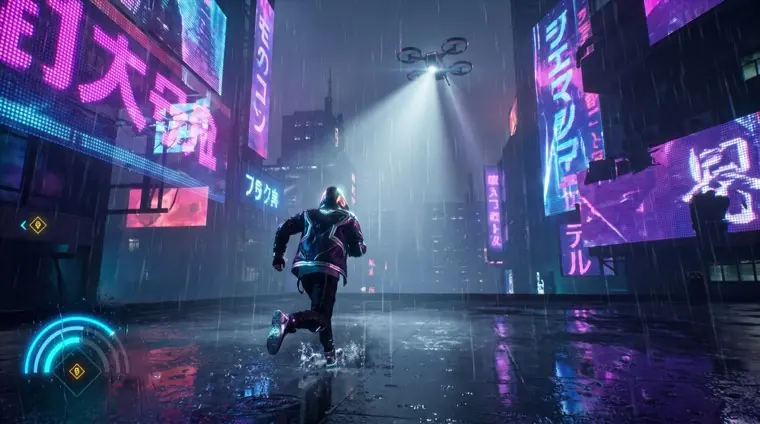 A character sprinting across a neon rooftop
