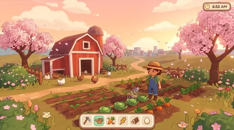 A farming sim at sunrise with cherry blossom trees