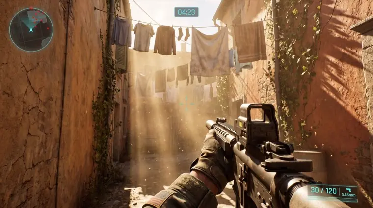 A tactical shooter aimed down a sunlit alley