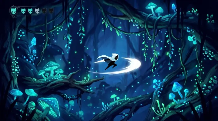 A cloaked hero air-dashing through a glowing cave