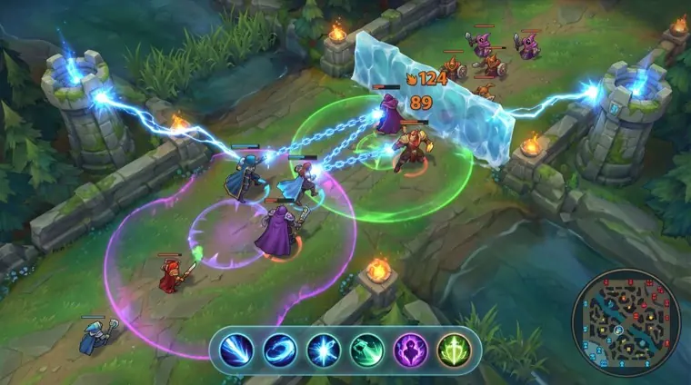 A MOBA teamfight with chain lightning at a river