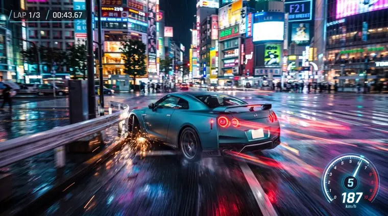A car drifting through a neon intersection