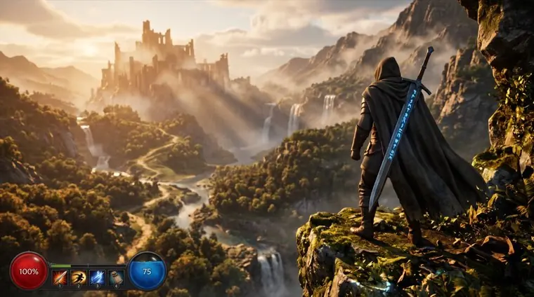 A cloaked warrior above a golden valley