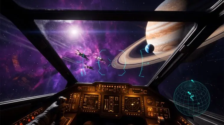A cockpit facing a ringed planet and three fighters