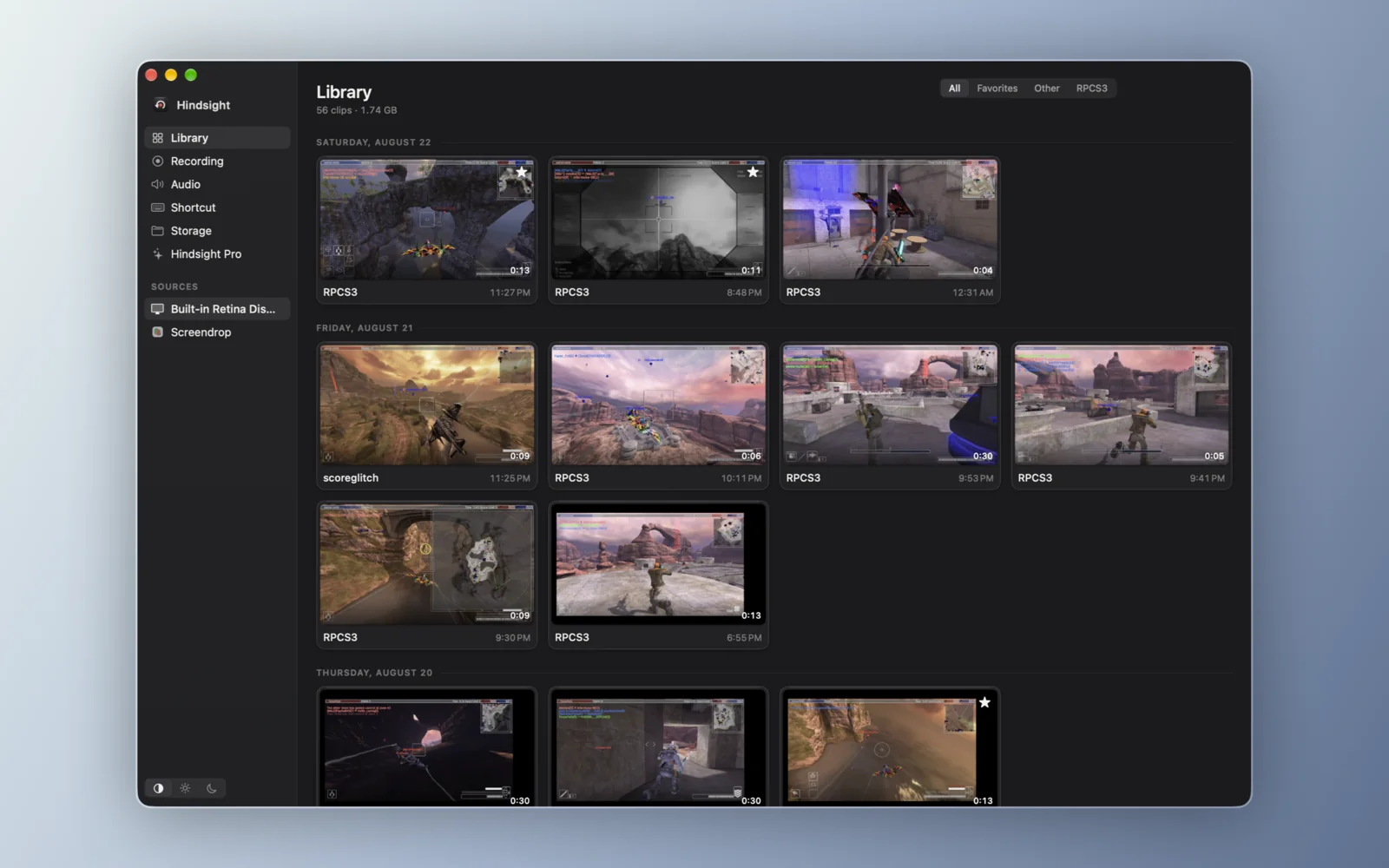 The Hindsight Library showing saved gameplay clips organized by day.